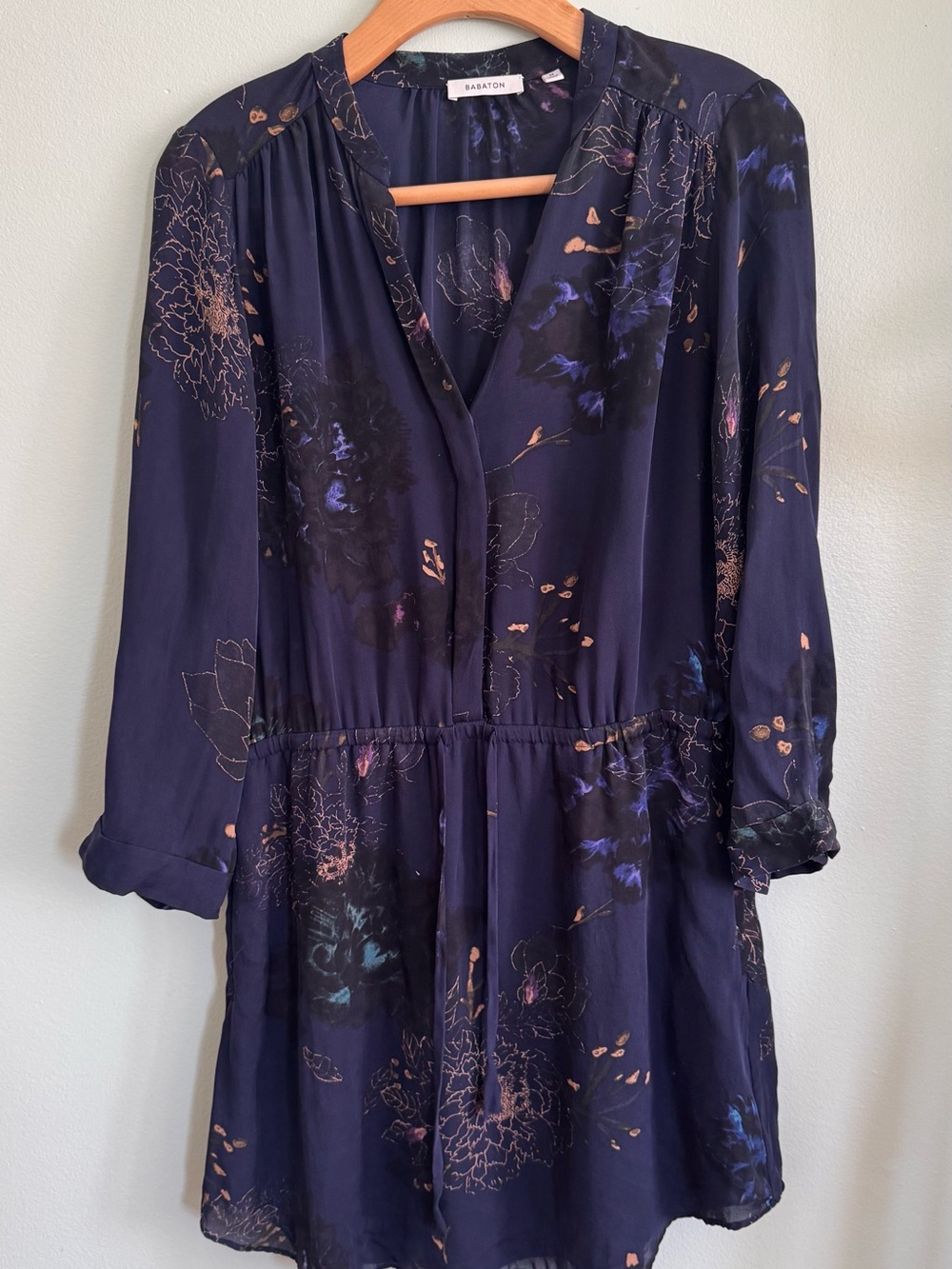 Babaton Navy Floral Long-Sleeve Drawstring Waist Dress - Picture 4 of 9